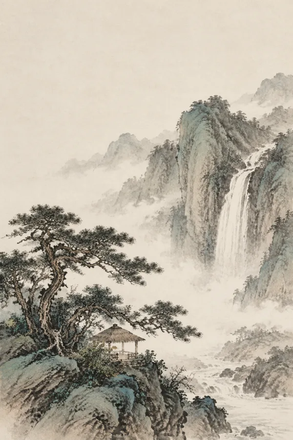 水墨立轴山水:高山飞瀑,古松与茅亭