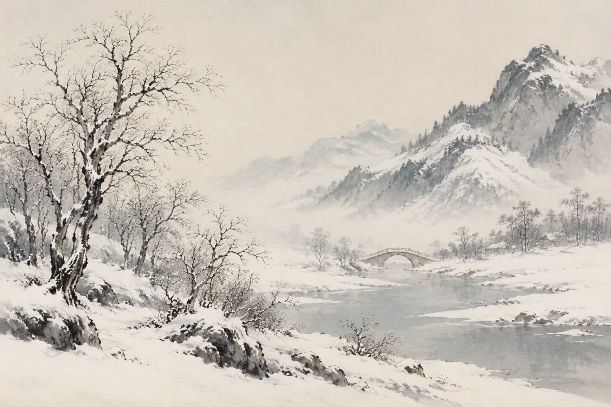 雪景寒林:覆雪山峦、枯树与小桥
