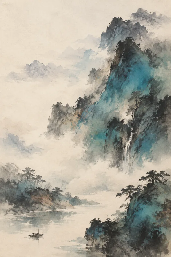 泼墨泼彩山水:墨色与石青交融,云雾弥漫