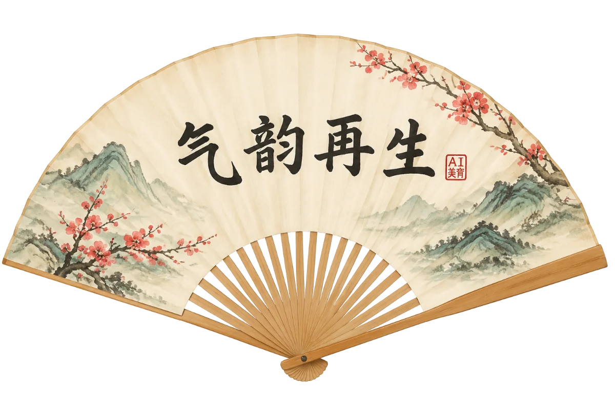 AI 生成的折扇：扇面以毛笔书写“气韵再生”，旁钤朱印“AI美育”，两侧绘青绿山水与红梅