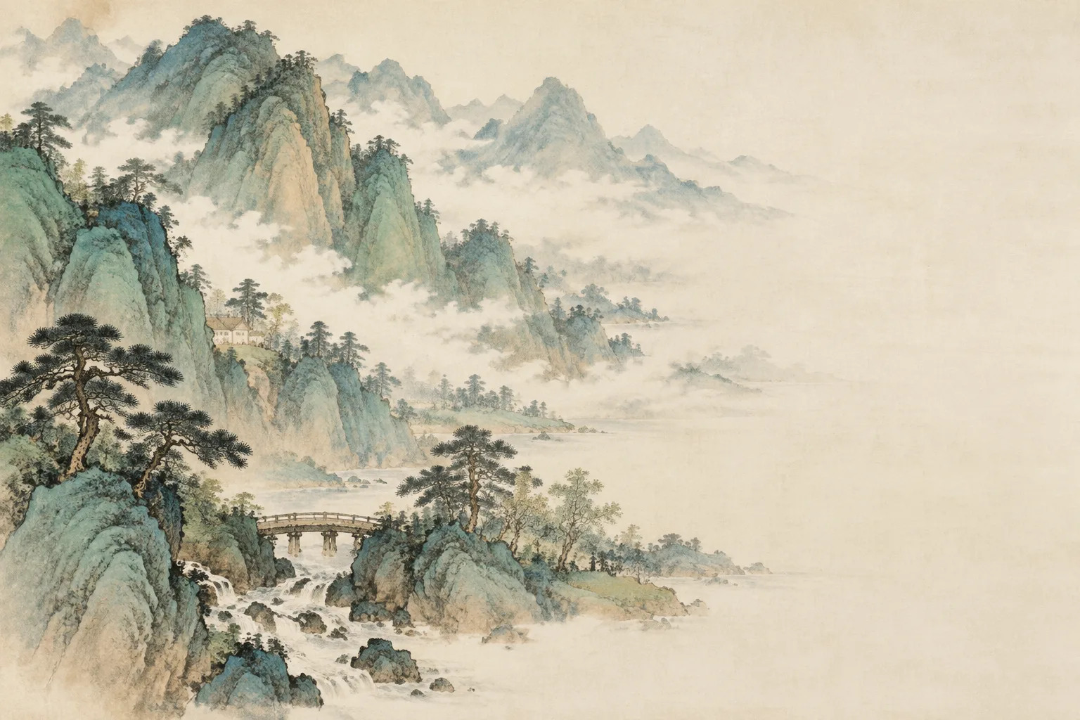 青绿山水:远山层叠,云气流动,近处有松树、溪水与小桥